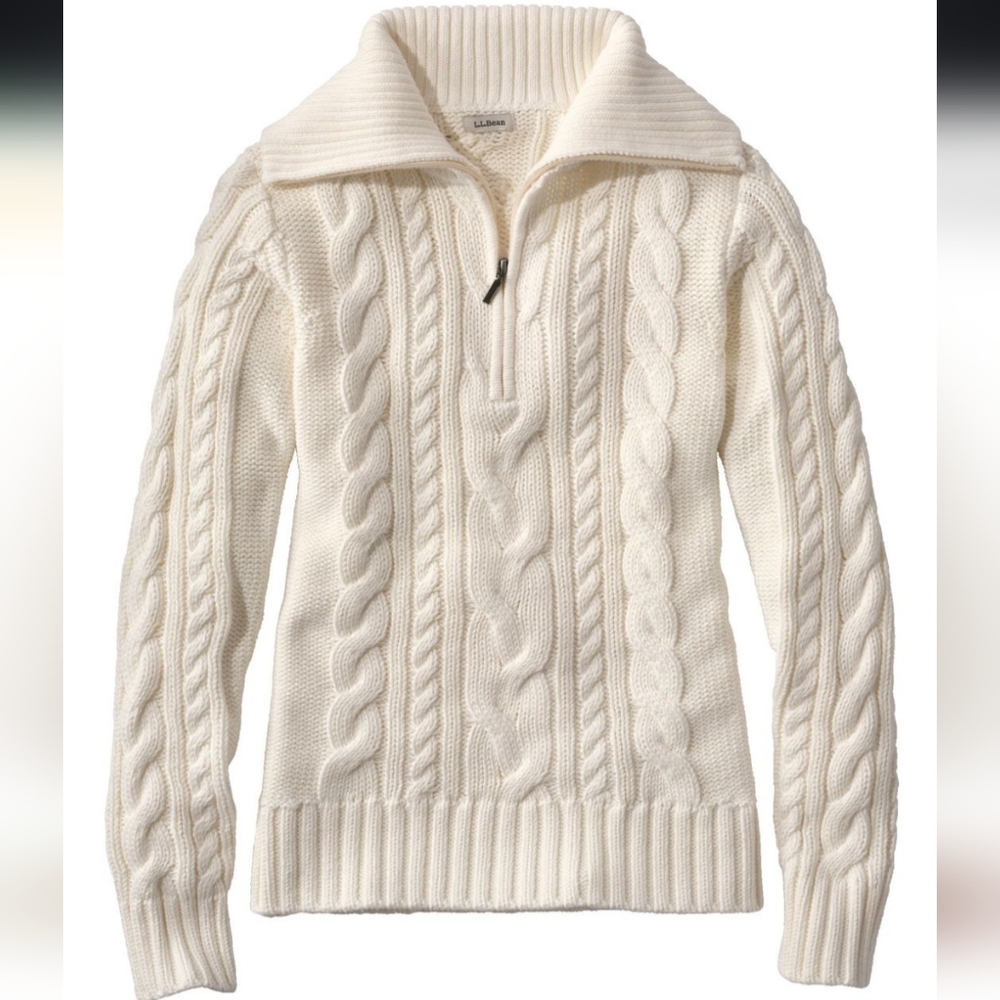 L.L. Bean Women's Double L Cable Sweater, Quarter-Zip Size Small, Cream